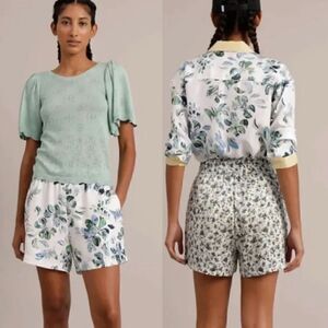 MUNTHE Uniga Floral Silk Blend Drawstring Shorts in Blue size 2 NWT